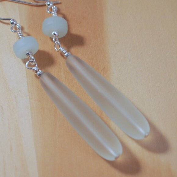 Long Sea Glass Drop Earrings Beach Statement Pierced or Clip-on Earrings - Picture 2 of 11